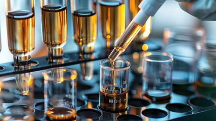High-definition shot of a pipette adding liquid to test tubes, with a backdrop of scientific instruments.