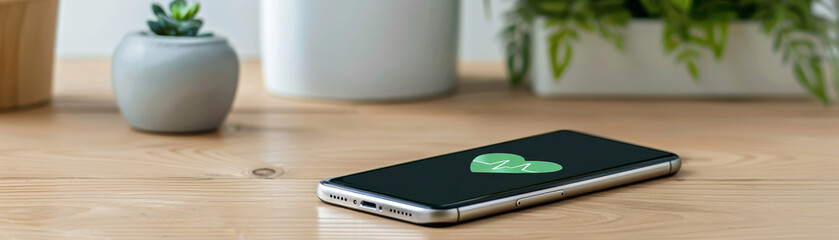 A cell phone with a heart on the screen sits on a wooden table