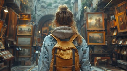  Back portrait of an adult woman looking at museum paintings in an old museum art gallery 