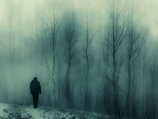 Obraz premium a lonely traveler walking into the snow forest