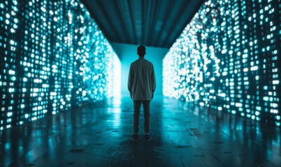 young man in an empty room, facing glowing blue data streams and floating numbers, high contrast lighting