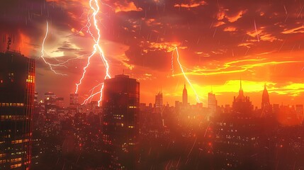 Urban Thunder: City Skyline Illuminated by Sunset Lightning