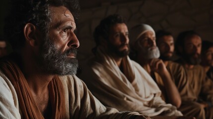 Cinematic Hyperrealistic Scene of Job and Friends in Deep Contemplation, Debating Complex Theological Themes