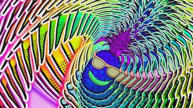 Seamless animation of pineapple. Funny summer background cartoon hand drawn style with rainbow echo effect