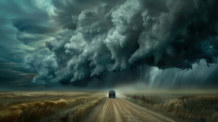 Journey Through the Gathering Storm: Car Against Darkening Skies