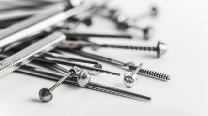 Close up of nails on white background with equipment technician and screw thread layer