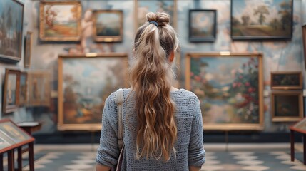  Back portrait of an adult woman looking at museum paintings in an old museum art gallery 