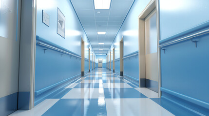 Hospital Corridor with Blue Walls and Checkered Floor.