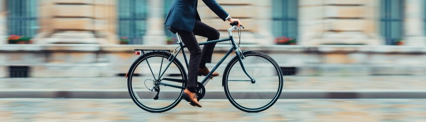 Businessman cycling on city street. Professional lifestyle, urban commute, eco-friendly transportation, and active work life.