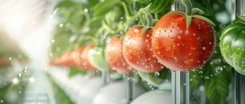 Fresh red tomatoes growing in a greenhouse.