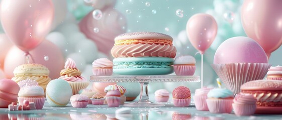 Pastel colored macarons and cupcakes with balloons.