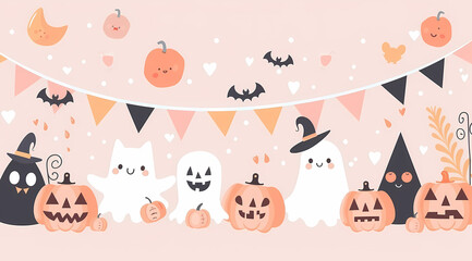 Vector illustration of Halloween party banner with cute cartoon characters