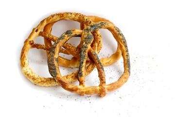 various tasty snacks pretzels close up