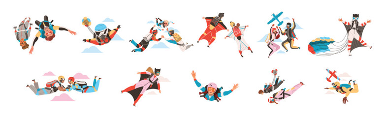 People Character Skydiving Falling Down with Parachute and in Wingsuit Vector Set