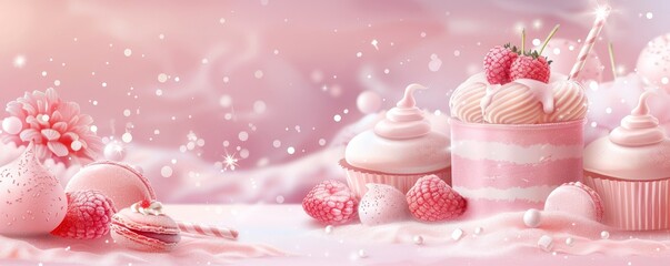 Pink and white cupcakes with berries on a sparkling background.