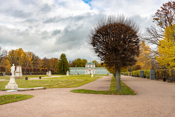 A park with a large tree in the middle and a building in the background