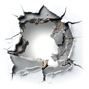 Smashed hole in wall isolated on white background Generative Ai
