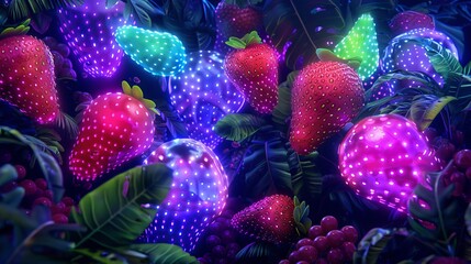 Obraz premium Enchanted Forest of Holographic Fruits - Vibrant Fantasy Digital Art with Illuminated Magic, Surreal Landscape, Colorful Dreamworld