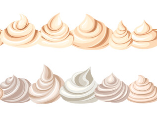 Vector set of seamless horizontal borders with cartoon meringues and creams isolated from background. Collection of friezes with sweet mousses. Frames with yoghurts  for brushes and dividers
