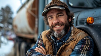Obraz premium Young male truck driver standing in front of his truck, arms crossed, smiling at the camera, bearded man, wearing a hat 