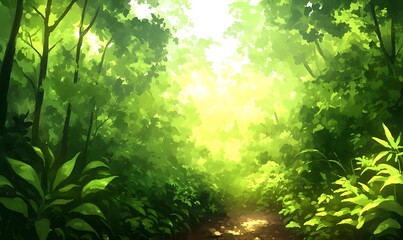Fototapeta premium Sunlit Path Through Lush Green Forest