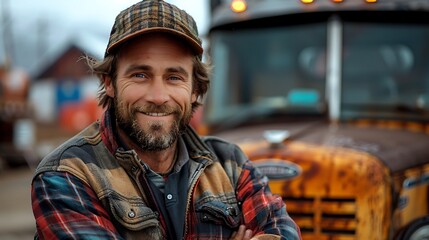 Fototapeta premium Young male truck driver standing in front of his truck, arms crossed, smiling at the camera, bearded man, wearing a hat 