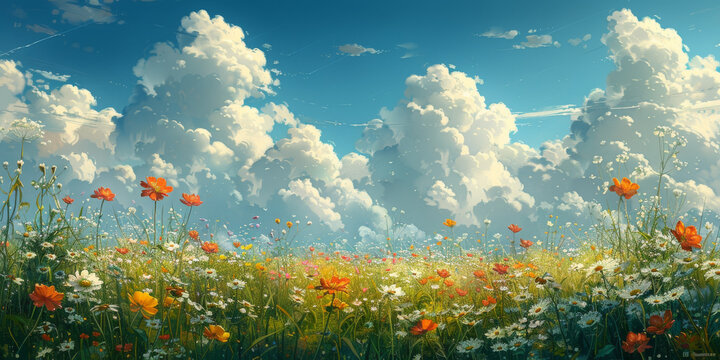 野に咲くタンポポの花と青空と白い雲