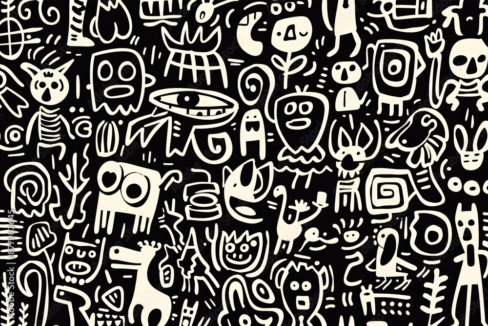 Poster a seamless pattern of an intricate doodle drawing with many abstract shapes and lines, simple doodli