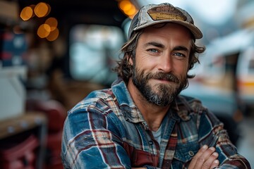  Young male truck driver standing in front of his truck, arms crossed, smiling at the camera, bearded man, wearing a hat 
