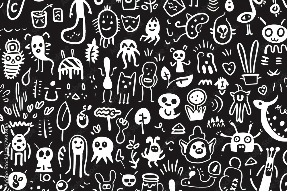 Poster a seamless pattern of an intricate doodle drawing with many abstract shapes and lines, simple doodli