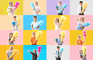 Collage of children with school cones on color background