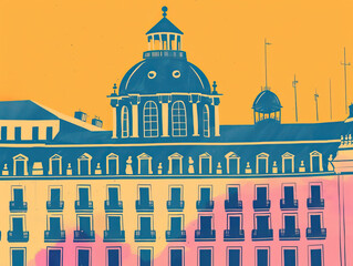 Fototapeta premium Risograph riso print travel poster, card, wallpaper or banner illustration, modern, isolated, clear and simple of Plaza Mayor, Madrid, Spain. Artistic, screen printing, graphic design