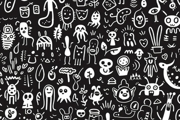 A seamless pattern of an intricate doodle drawing with many abstract shapes and lines, simple...