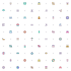Seamless pattern swimming and pool icon on white background. Included the icons as diving, summer, beach activity, swimsuit, bikini, trunks, swimming cap, glasses, flippers, swim And Other Elements
