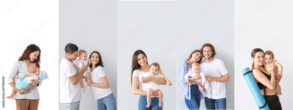 Canvas Prints Collage of happy couples with their babies on light background