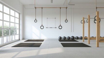 A gym with a white wall and a black mat