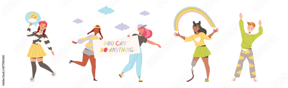 Poster happy people characters sharing positive vibes smiling and cheering expressing good emotion vector s