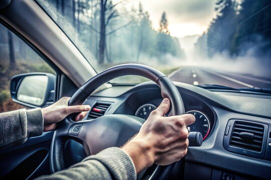 person drive car steering wheel on foggy road