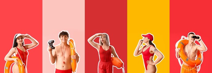 Set of lifeguards on color background