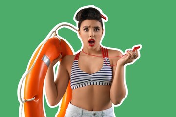 Shocked pin-up beach rescuer with lifebuoy and whistle on green background