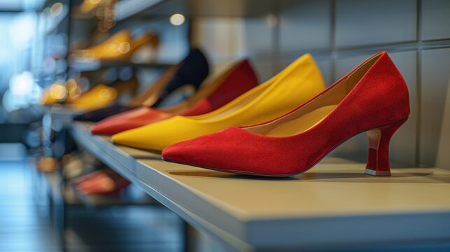 Women's pump low heels shoes on showcase or sale in the boutique.