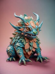 A colorful 3D rendering of a leafy dragon creature with large horns and a toothy grin. AI.
