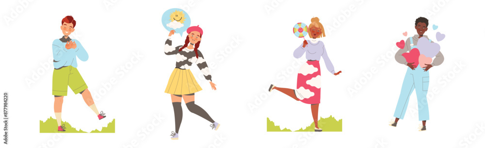 Poster happy people characters sharing positive vibes smiling and cheering expressing good emotion vector s