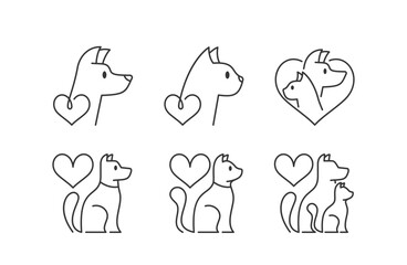 Minimalist Icons Representing Love For Animals, Featuring Dogs And Cats With Heart Symbols. Simple Line Art Symbols
