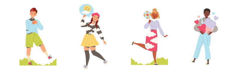 Happy People Characters Sharing Positive Vibes Smiling and Cheering Expressing Good Emotion Vector Set