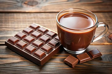 hot cocoa drink in glass cup next to chocolate bar