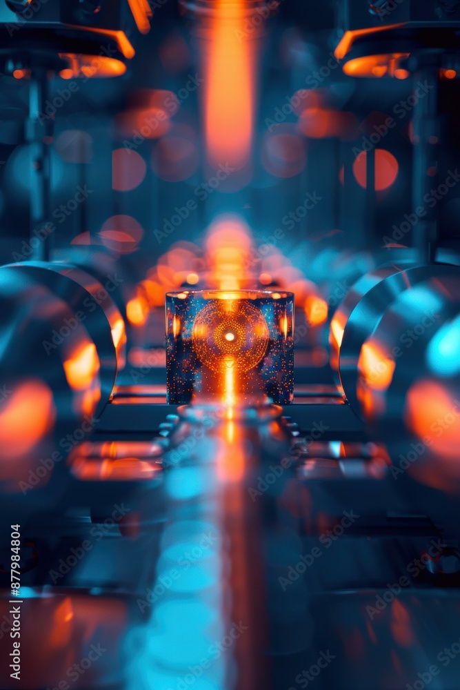 Poster abstract glowing cube in sci-fi setting. ai.