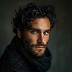 Obraz premium Portrait of a handsome young man with dark hair and a beard wearing a black scarf. AI.