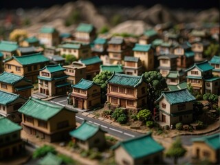 Fototapeta premium A miniature Japanese village with traditional houses and streets. AI.