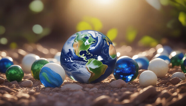 Murmeln liegen auf dem Boden, eine sieht aus wie die Erde